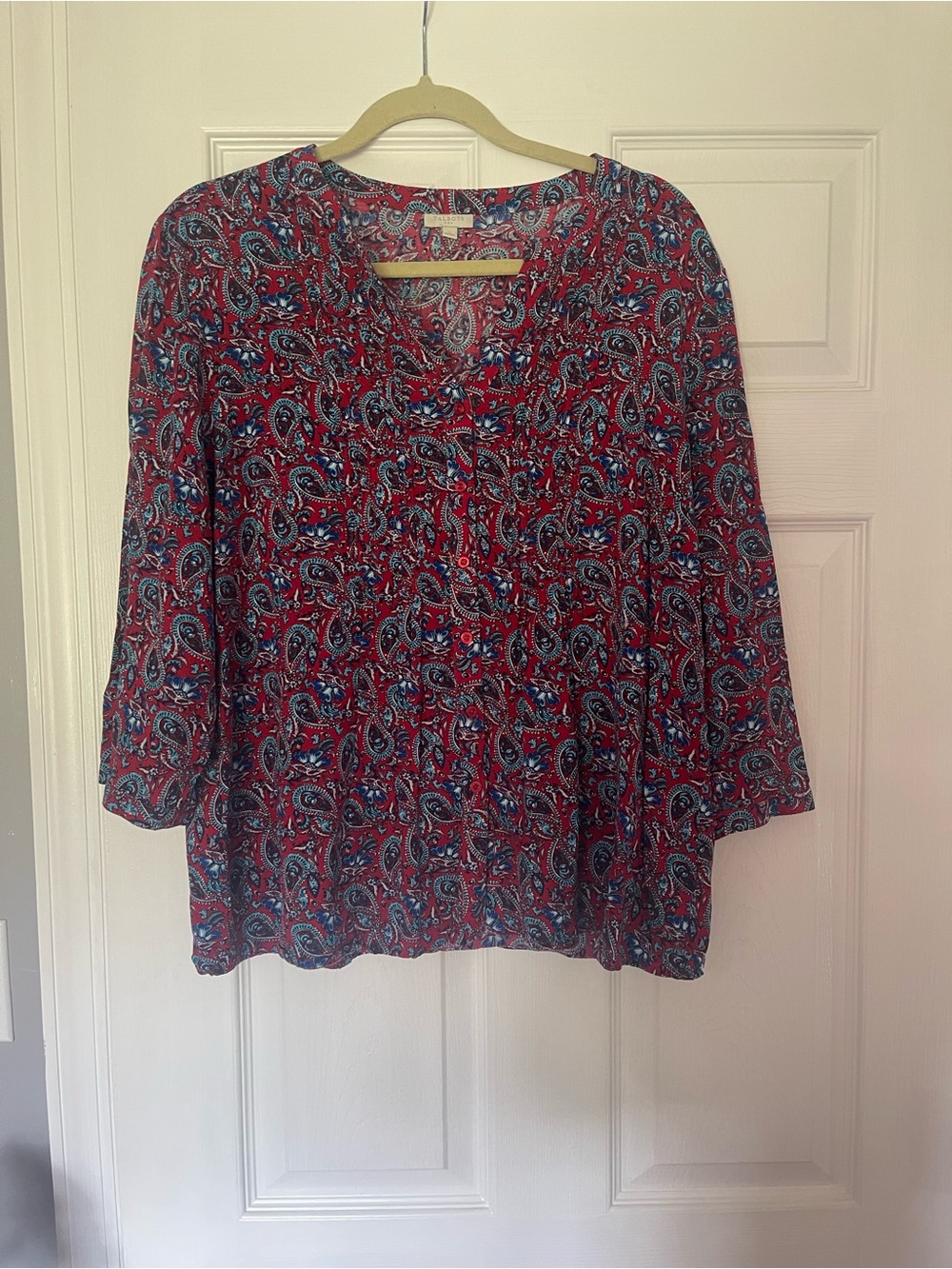 Talbots Red Paisley 3/4-Sleeve V-Neck Blouse Americana red white and blue